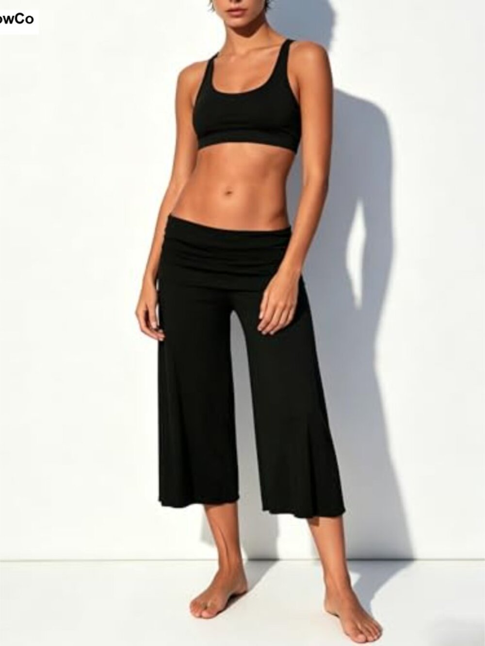 Women Low Rise Fold Over Wide Leg Capri Gaucho Pants Cotton Stretch Yoga - Picture 2 of 6